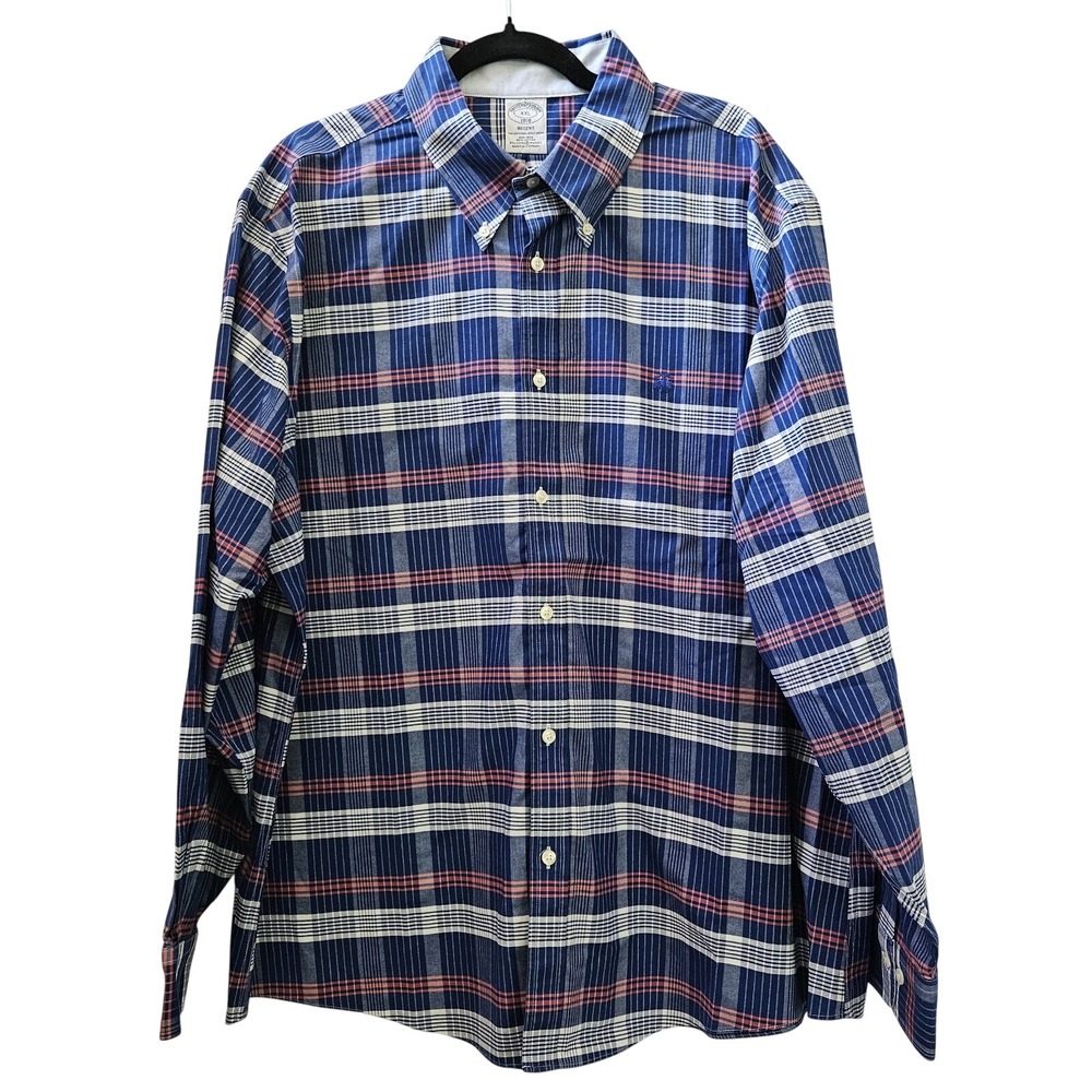 Brooks Brother Mens XXL Blue Plaid Button Down Regent Long Sleeve Shirt Casual